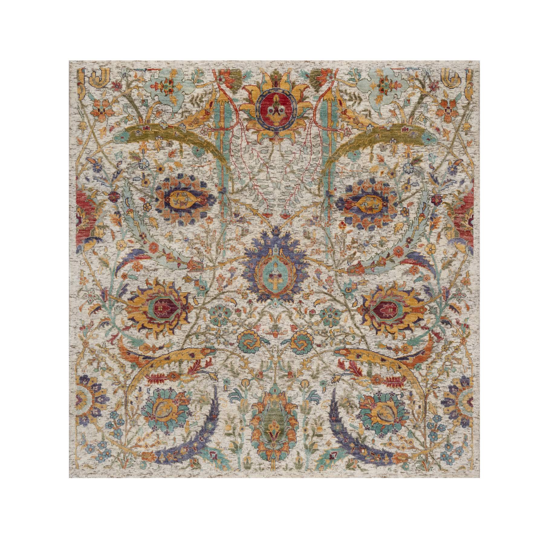 6'x6' Ivory and Brown, Colorful Sickle Leaf Design, Hand Knotted, Silk with Textured Wool, Square, Oriental Rug 